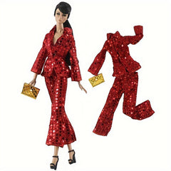 Vintage Red Sequin Suit For Doll Doll Suit Red Bead Sheet Dress Shirt Tie Set