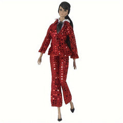 Vintage Red Sequin Suit For Doll Doll Suit Red Bead Sheet Dress Shirt Tie Set