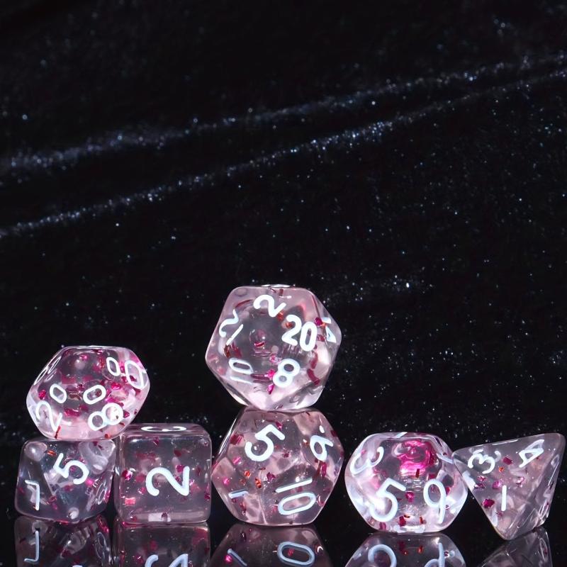 7pcs Mini Polyhedral Dice Set Monochrome Style Transparent With Pink Confetti
