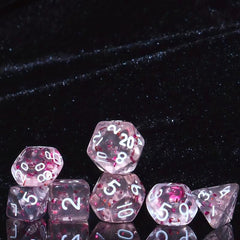 7pcs Mini Polyhedral Dice Set Monochrome Style Transparent With Pink Confetti
