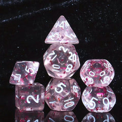 7pcs Mini Polyhedral Dice Set Monochrome Style Transparent With Pink Confetti