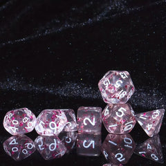 7pcs Mini Polyhedral Dice Set Monochrome Style Transparent With Pink Confetti