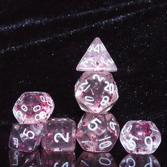 7pcs Mini Polyhedral Dice Set Monochrome Style Transparent With Pink Confetti