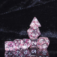 7pcs Mini Polyhedral Dice Set Monochrome Style Transparent With Pink Confetti