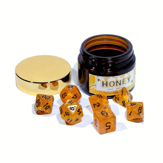 Honey Themed Polyhedral Dice Set with Bottle for Tabletop Games
