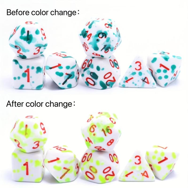 7pcs Green Spray Paint Temperature Change Dice, Magic Polyhedral Acrylic Dice