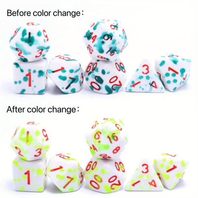 7pcs Green Spray Paint Temperature Change Dice, Magic Polyhedral Acrylic Dice