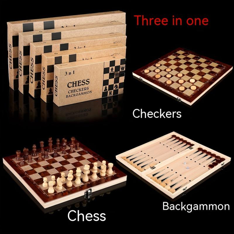 3 in 1 Wooden Chess Foldable Portable Puzzle Chess Game Gift