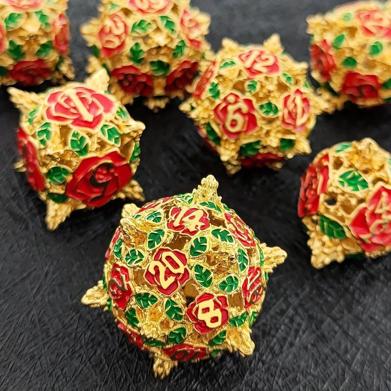 7Pc Rose Flower Metal Hollow Dice Set for Role Play