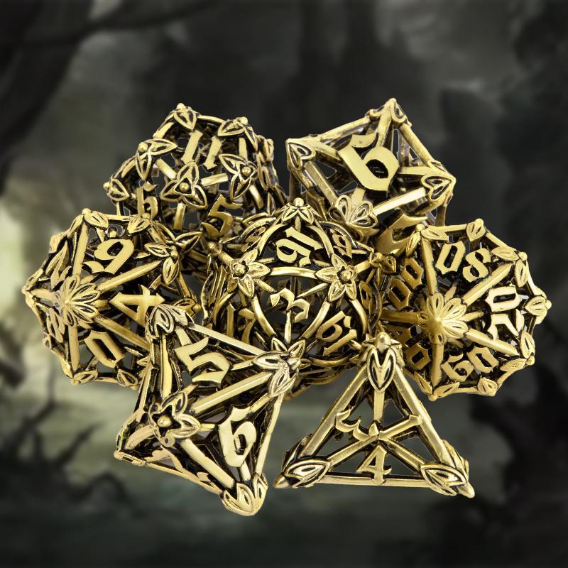 7pcs Golden Leaf Flower Metal Dice Set for Role Playing Game