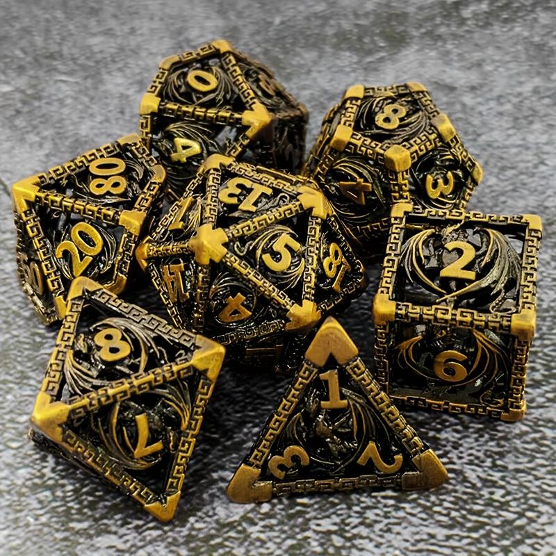AncientDeer 7 Metal Dice Set - Unique Dragon Skeleton Pattern