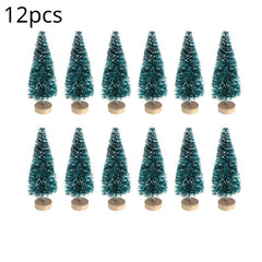 12pcs Mini Sisal Snow Frost Trees Winter Pine Mini w/Wood Base - Christmas Decor
