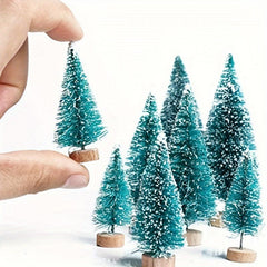 12pcs Mini Sisal Snow Frost Trees Winter Pine Mini w/Wood Base - Christmas Decor