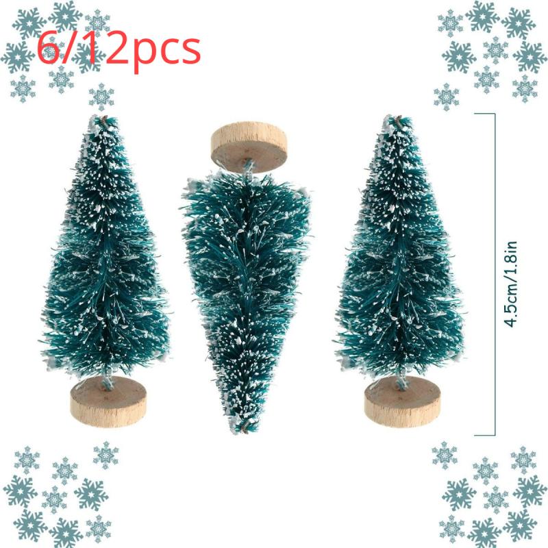 12pcs Mini Sisal Snow Frost Trees Winter Pine Mini w/Wood Base - Christmas Decor