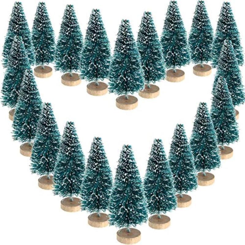 12pcs Mini Sisal Snow Frost Trees Winter Pine Mini w/Wood Base - Christmas Decor