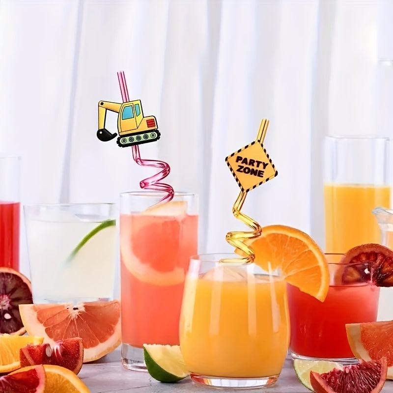 4pcs Reusable Excavator Plastic Straws Construction Theme Party Favors
