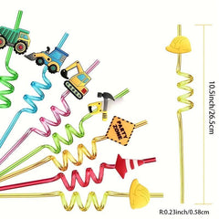 4pcs Reusable Excavator Plastic Straws Construction Theme Party Favors