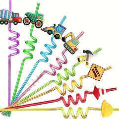 4pcs Reusable Excavator Plastic Straws Construction Theme Party Favors