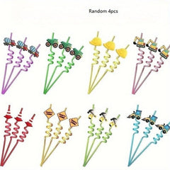 4pcs Reusable Excavator Plastic Straws Construction Theme Party Favors