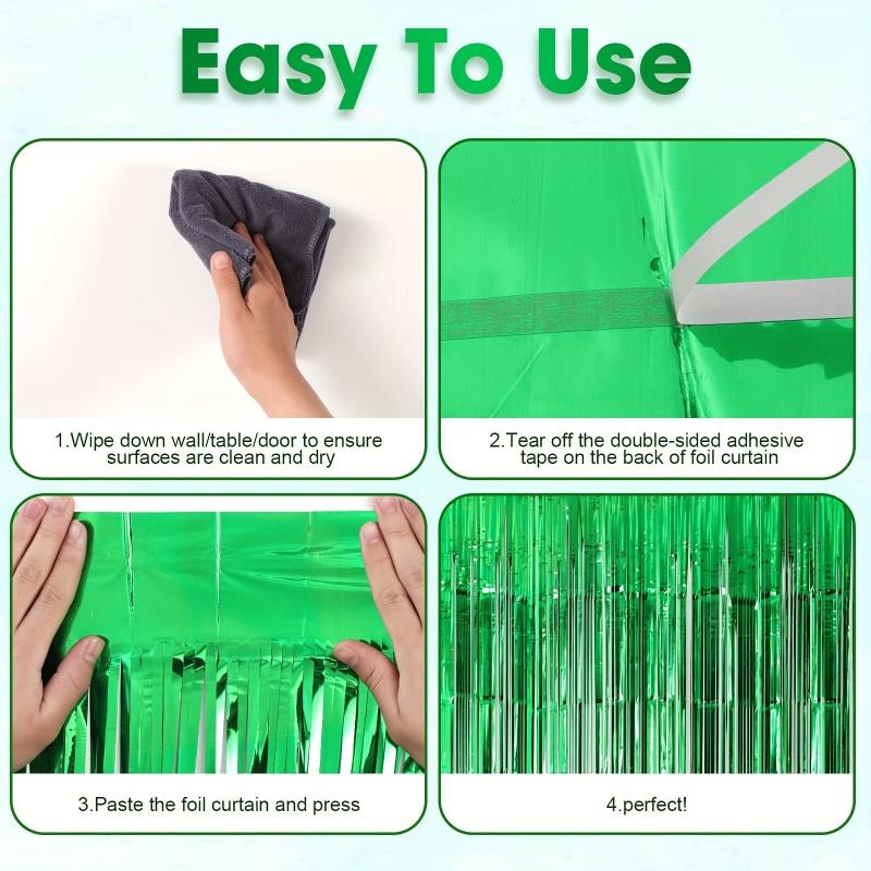3pcs Green Foil Tassel Backdrop Curtains 3.3x6.5ft