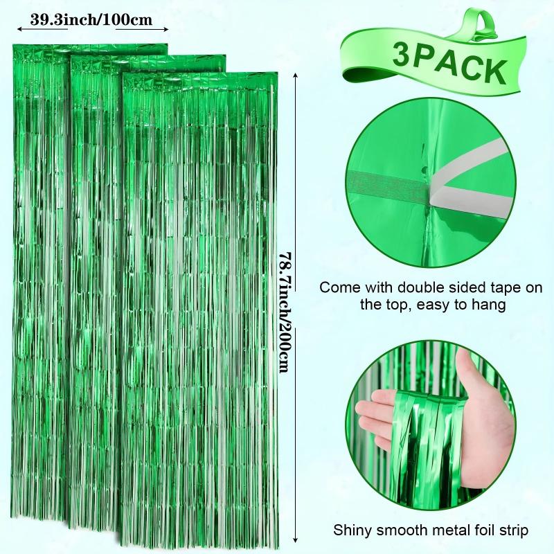 3pcs Green Foil Tassel Backdrop Curtains 3.3x6.5ft