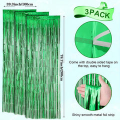3pcs Green Foil Tassel Backdrop Curtains 3.3x6.5ft