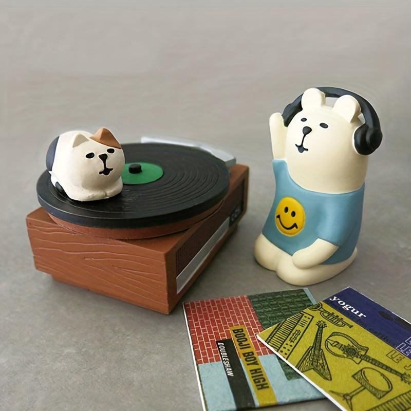 Cat Statue Retro Record Player Ornament