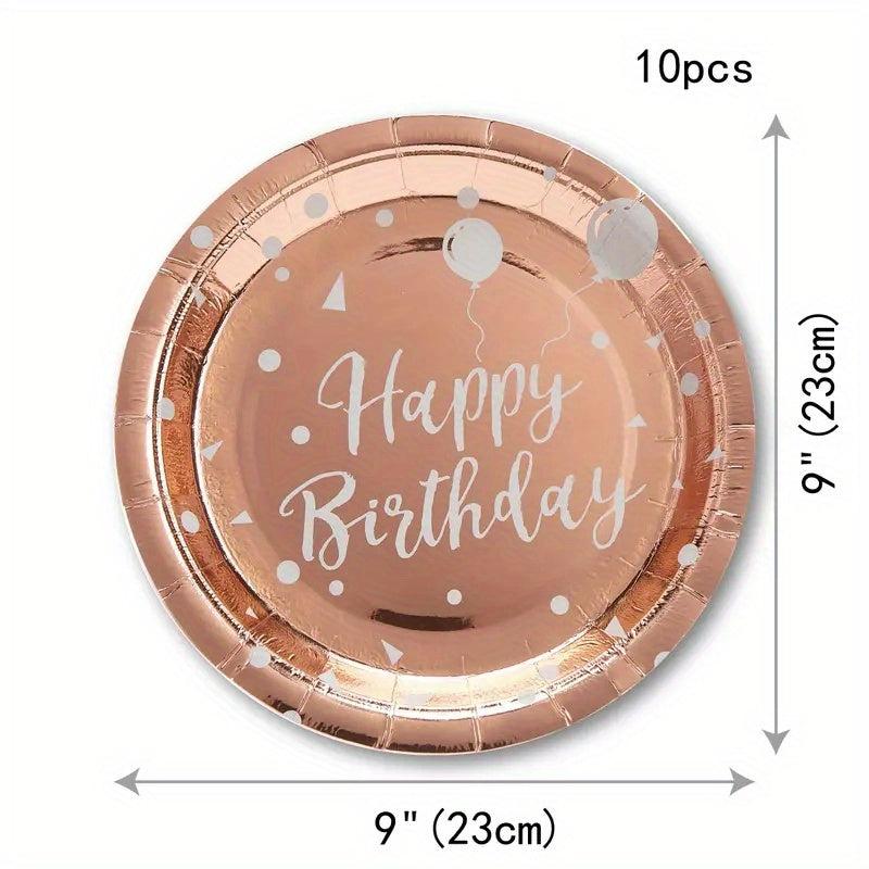 10pcs Rose Golden Birthday Plates And Napkins Party Supplies for Girls Birthday