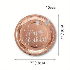 10pcs Rose Golden Birthday Plates And Napkins Party Supplies for Girls Birthday