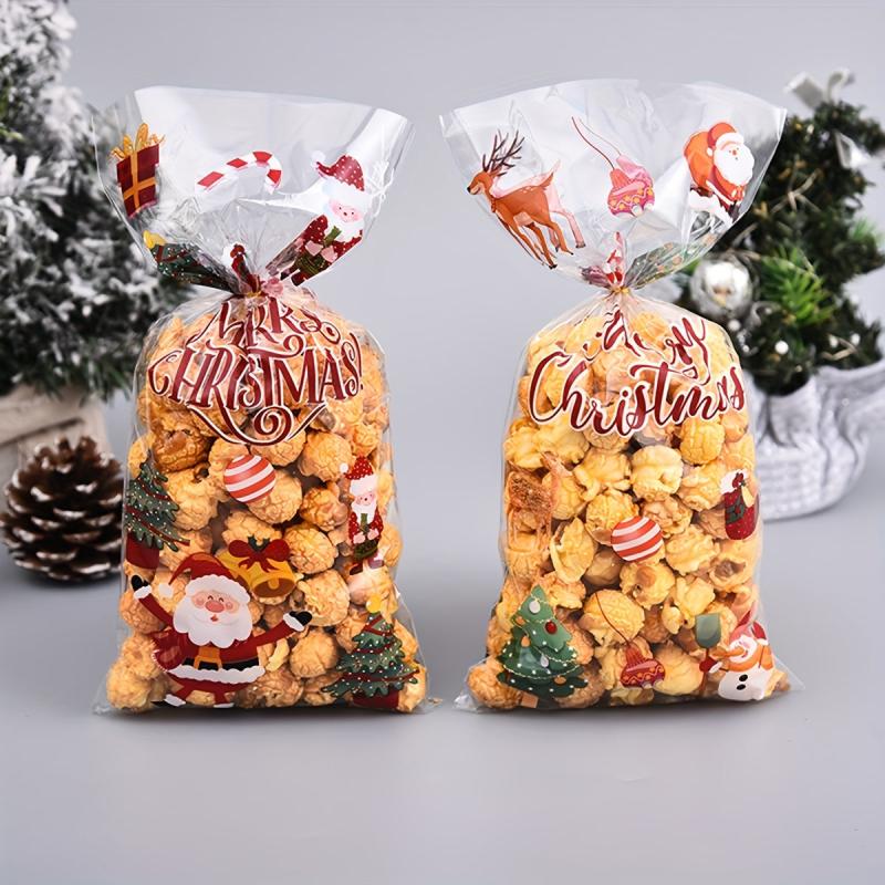 50pcs Christmas Candy Bags Cellophane Cookie Treat Bags With Twist Ties