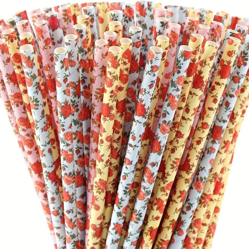 100pcs Mix Floral Paper Straws Eco Friendly Party Straws Vintage Designs