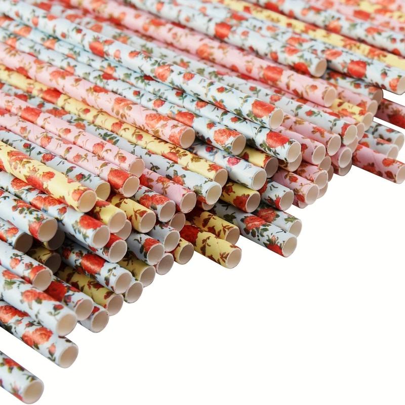 100pcs Mix Floral Paper Straws Eco Friendly Party Straws Vintage Designs