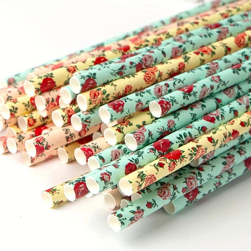 100pcs Mix Floral Paper Straws Eco Friendly Party Straws Vintage Designs
