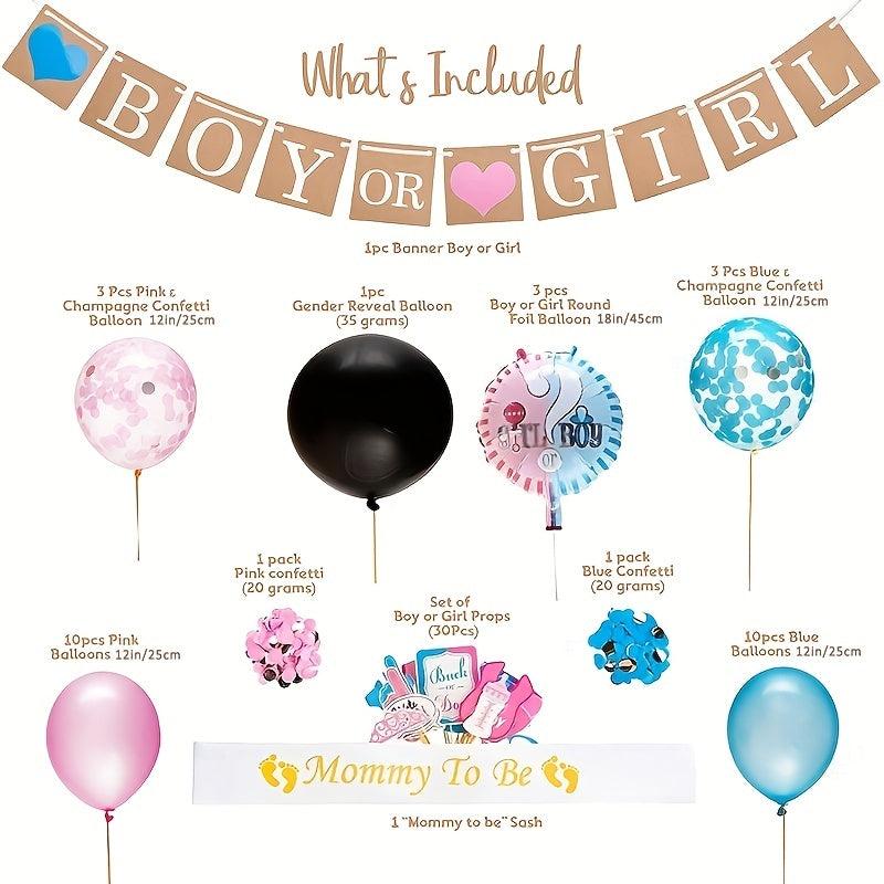 Gender Reveal Party Decor: BOY OR GIRL Banner, Confetti Balloons, Photo Props