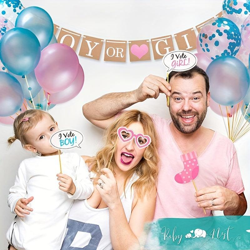 Gender Reveal Party Decor: BOY OR GIRL Banner, Confetti Balloons, Photo Props
