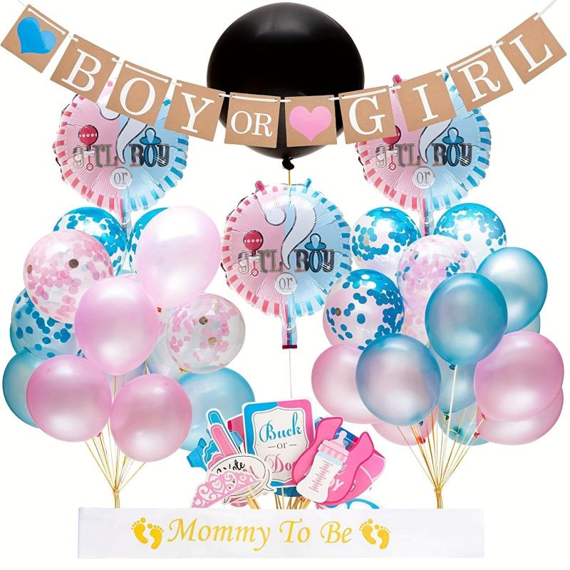 Gender Reveal Party Decor: BOY OR GIRL Banner, Confetti Balloons, Photo Props