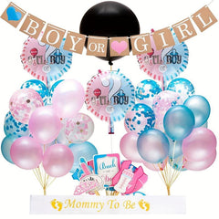Gender Reveal Party Decor: BOY OR GIRL Banner, Confetti Balloons, Photo Props