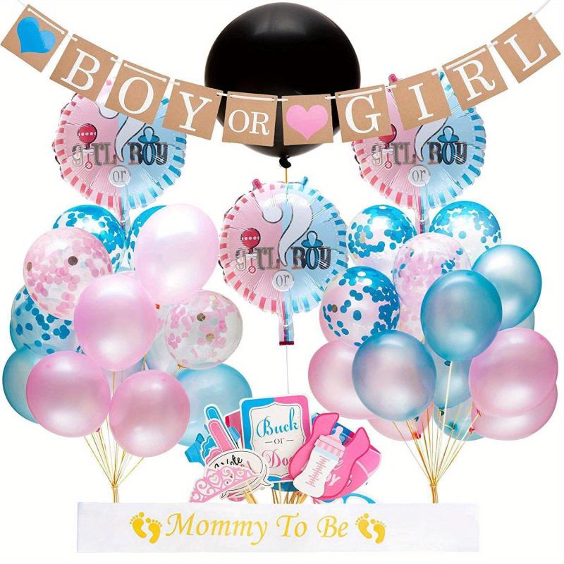 Gender Reveal Party Decor: BOY OR GIRL Banner, Confetti Balloons, Photo Props