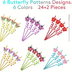 24pcs Butterfly Drinking Straws w/ 2pcs Cleaning Brush for Party Supplies