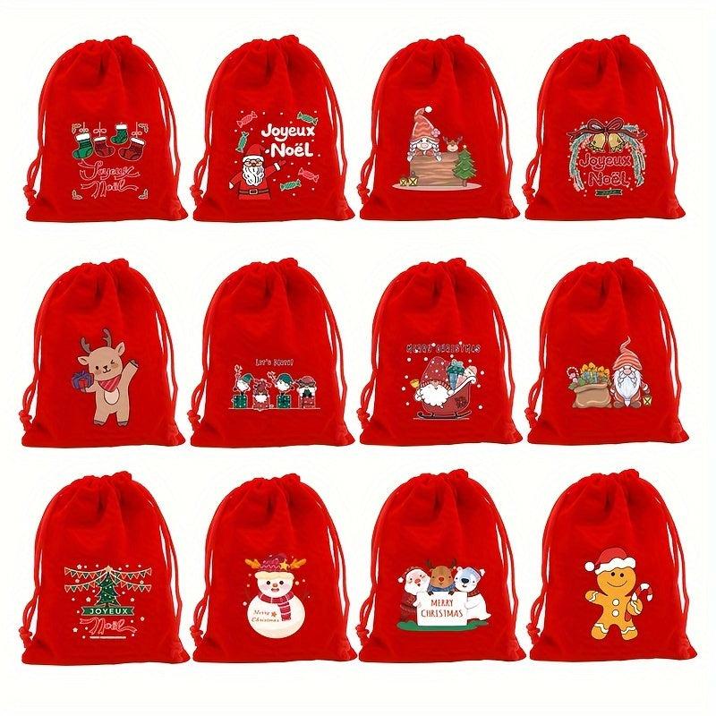 4pcs Red Christmas Velvet Bags Drawstring Pouch Candy Gift Bag