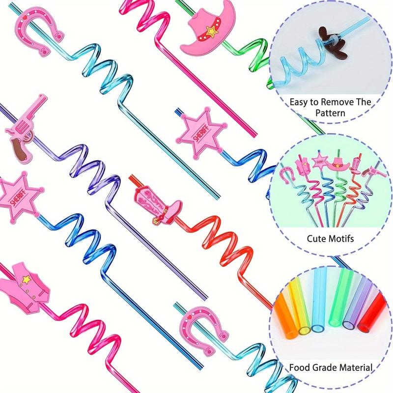 4pcs Cowgirl Straws Pink Decorations Supplies Rodeo Western Party
