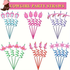 4pcs Cowgirl Straws Pink Decorations Supplies Rodeo Western Party