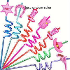 4pcs Cowgirl Straws Pink Decorations Supplies Rodeo Western Party