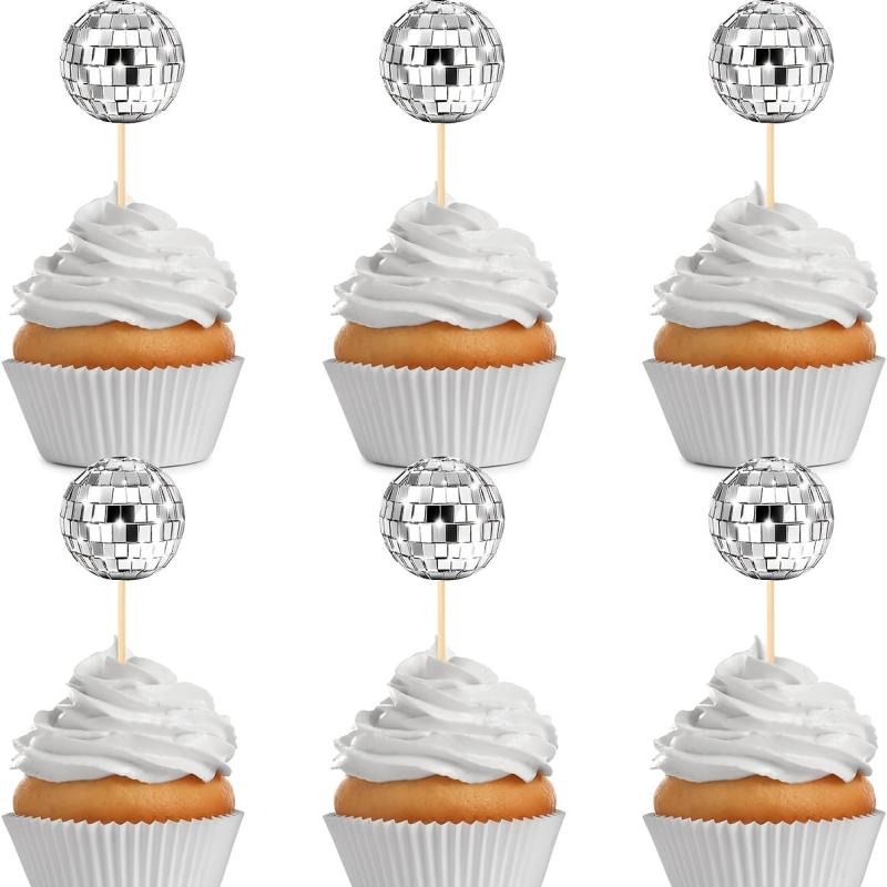 10pcs Disco Ball Cupcake Toppers - Disco Theme Cake Decorations