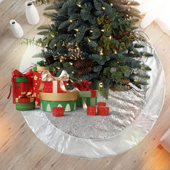 Sparkly Silver Sequin Christmas Tree Skirt with Glitter Border