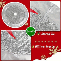 Sparkly Silver Sequin Christmas Tree Skirt with Glitter Border