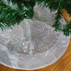 Sparkly Silver Sequin Christmas Tree Skirt with Glitter Border
