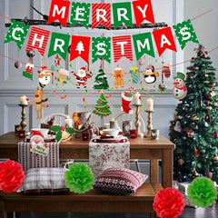33pcs Christmas Party Decoration Set Happy Christmas Banners Garland Swirls Poms