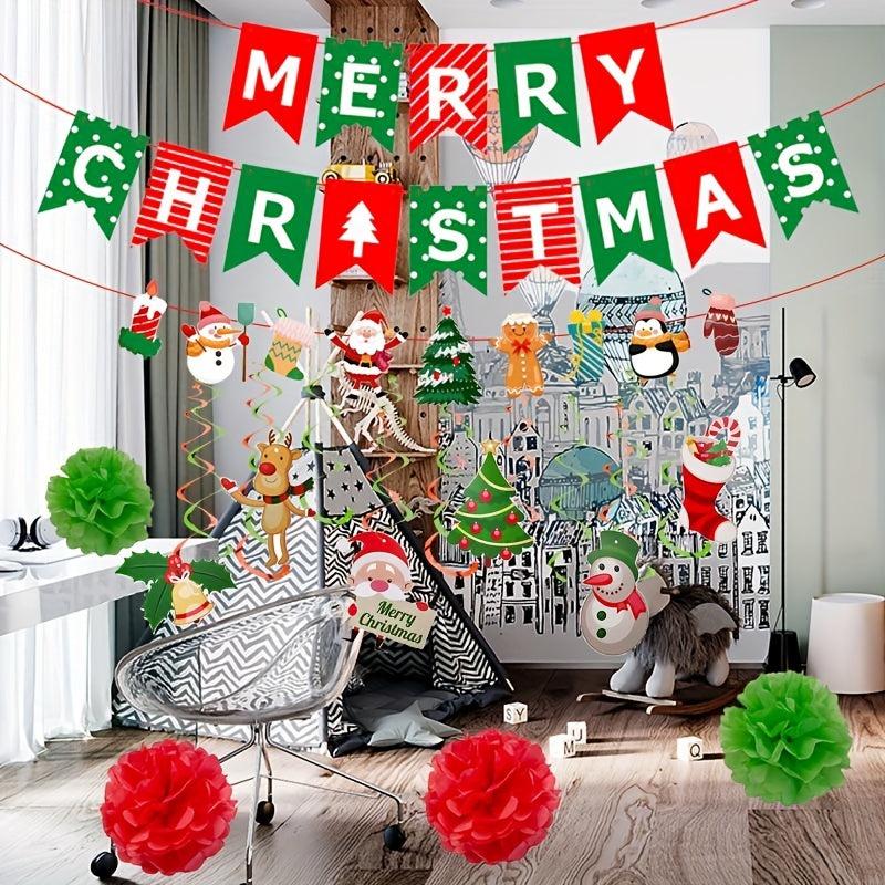 33pcs Christmas Party Decoration Set Happy Christmas Banners Garland Swirls Poms