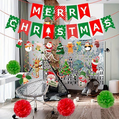 33pcs Christmas Party Decoration Set Happy Christmas Banners Garland Swirls Poms